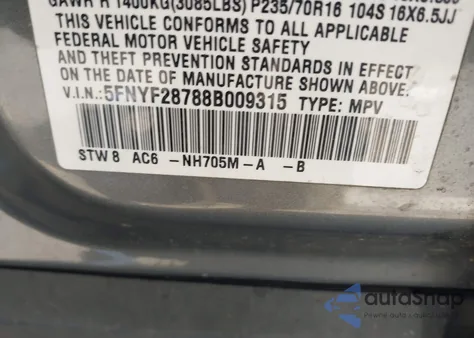 2008 Honda Pilot Ex-L from USA, damaged, VIN 5FNYF28788B009315